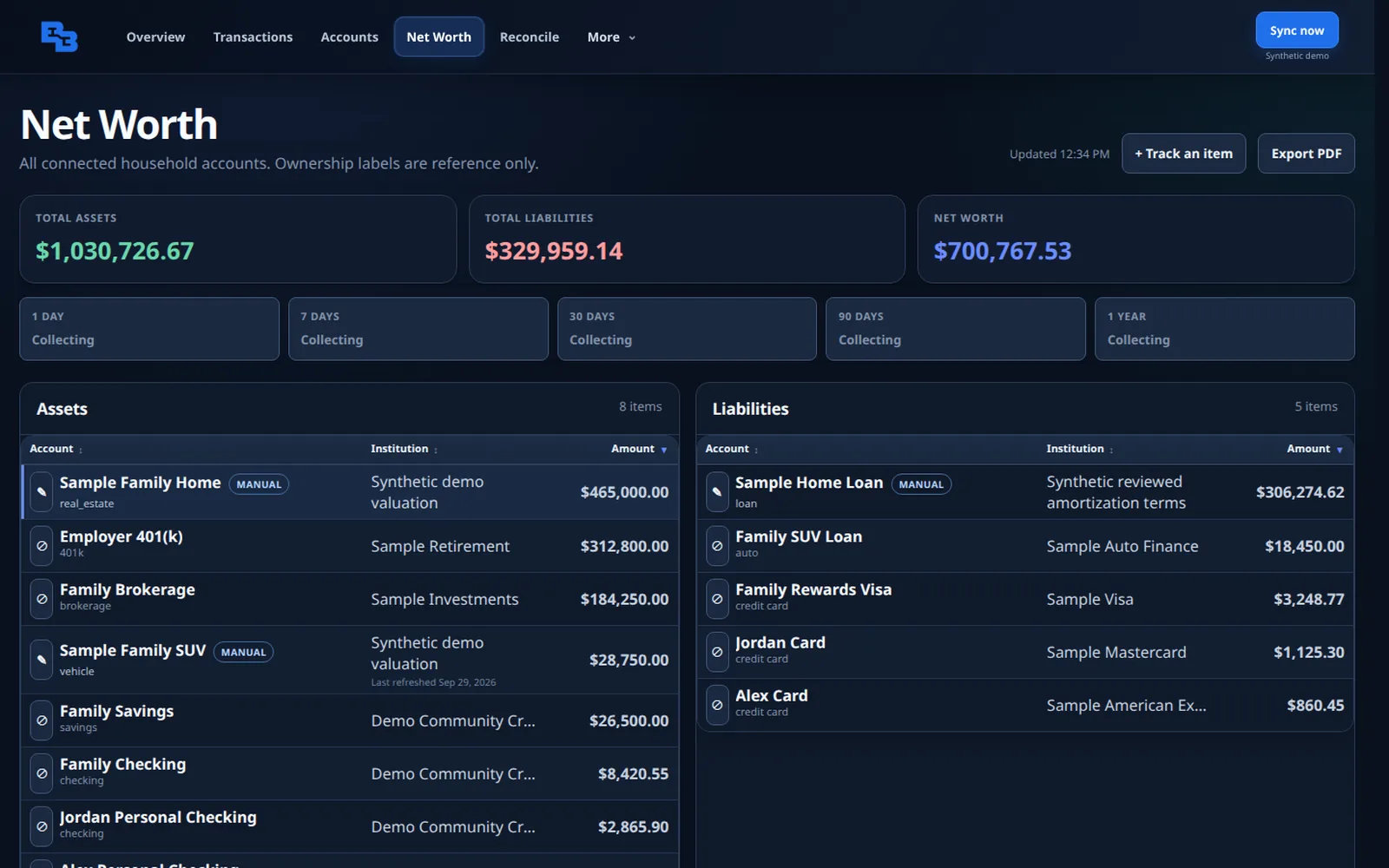 Net worth screen listing assets and liabilities