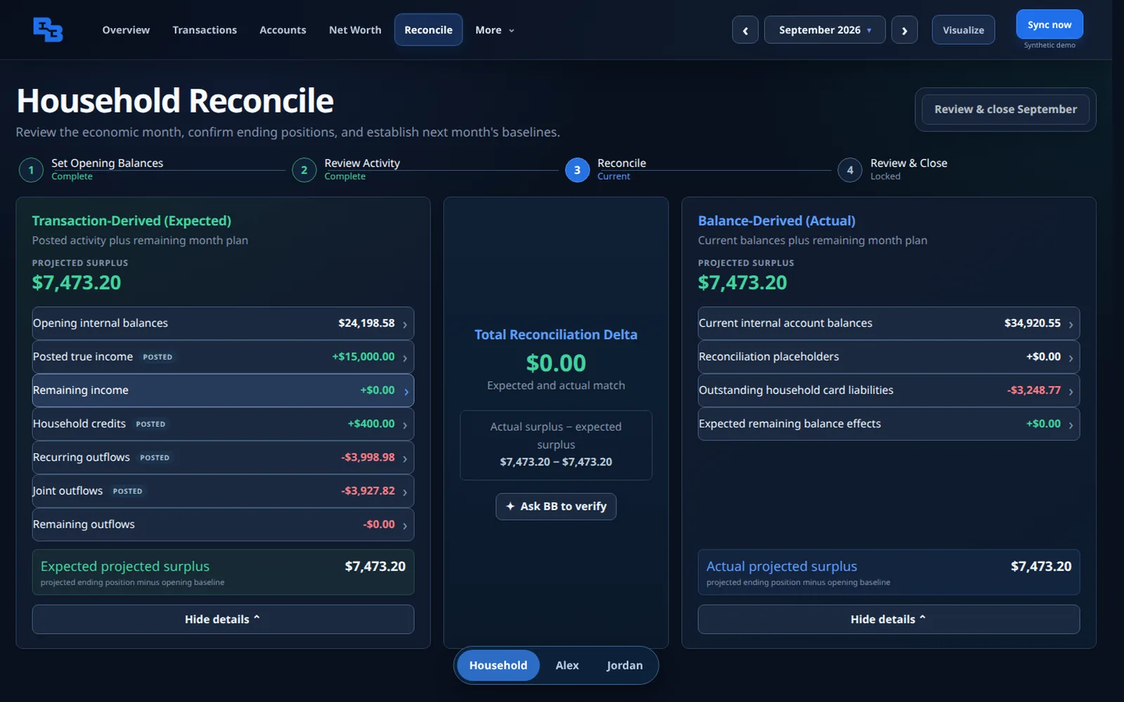 Reconcile screen: expected and actual projected surplus both $7,473.20 with a $0.00 difference