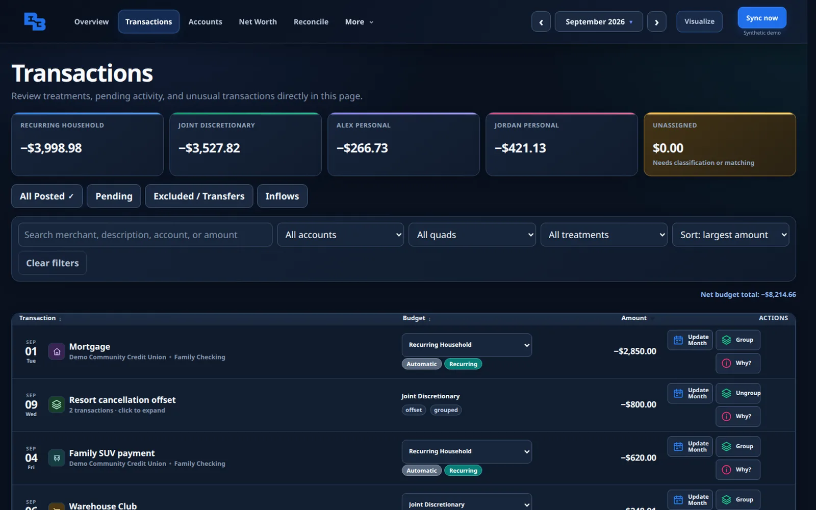 Transactions screen with totals for each lane and a grouped refund